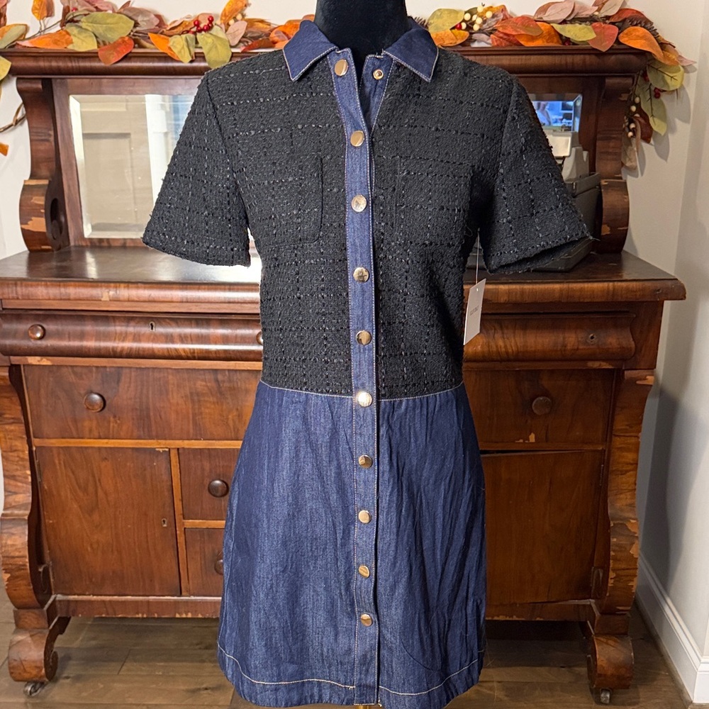 Ellen Tracy Black and Blue Button-Down Dress